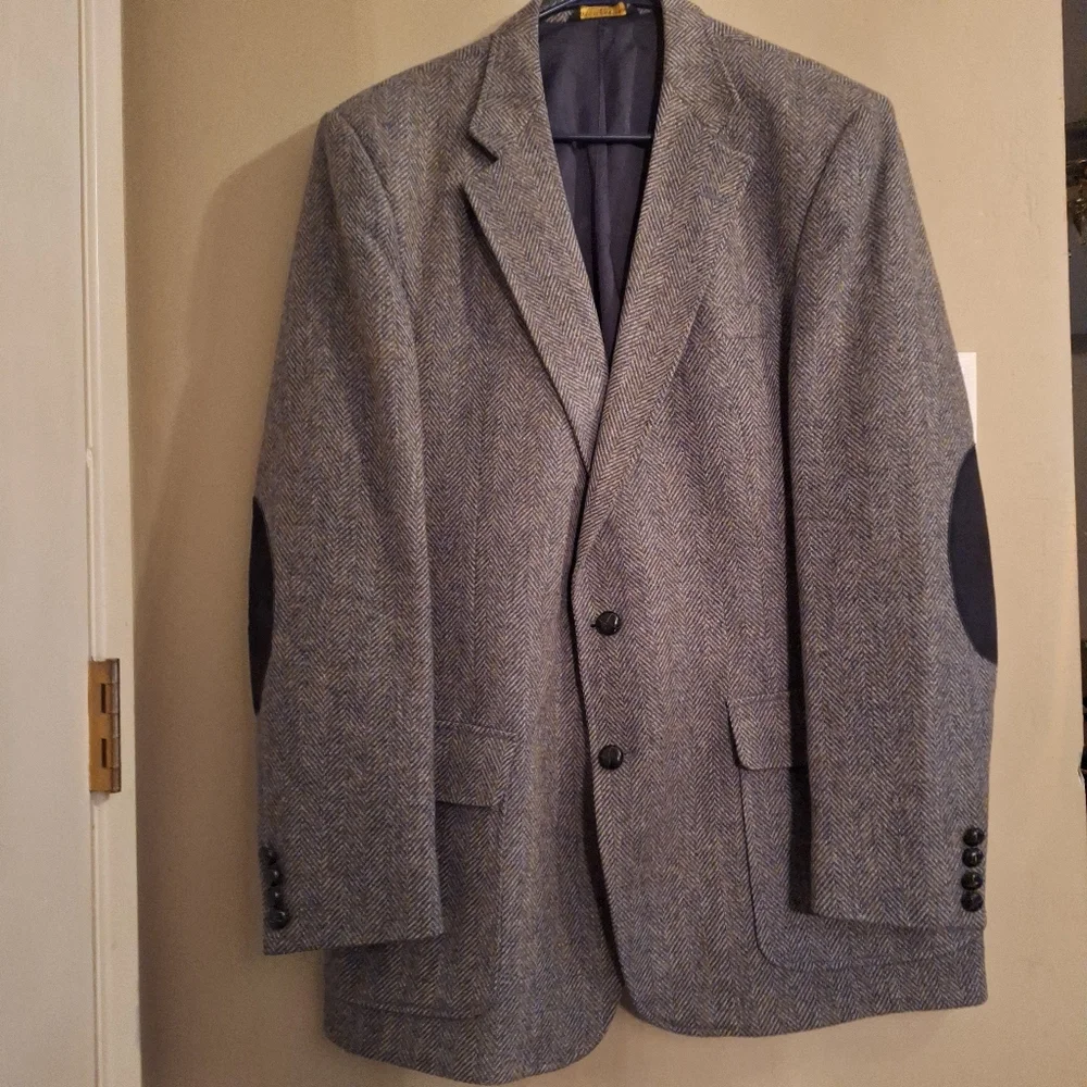 Vintage Gray Wool Herringbone Suit Coat Blazer with Elbow Patches 44 L